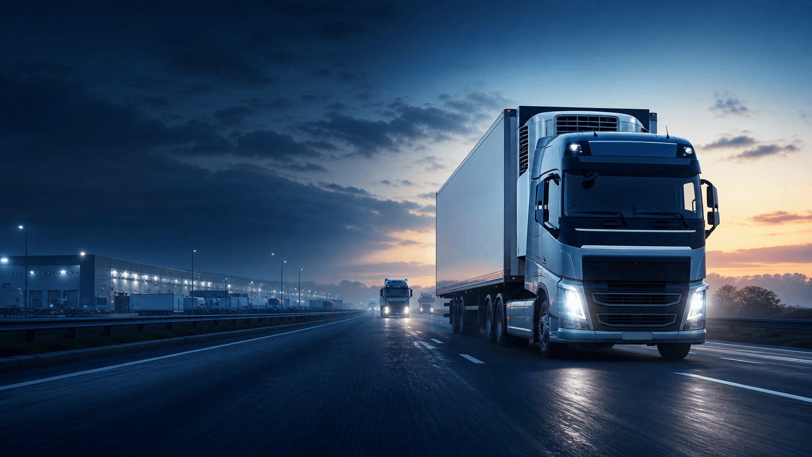 Refrigerated cargo trucks on a dawn highway
